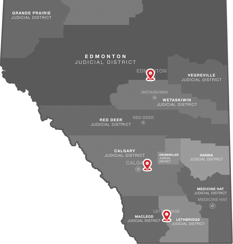 Map of maintenance facilities in Edmonton, Calgary and Lethbridge